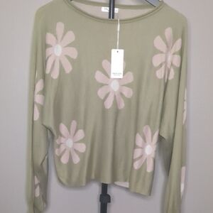 Women's Large Ekouaer Sage Green And Pink Floral Sweater